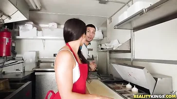 He fucks the hot dog seller in the caravan