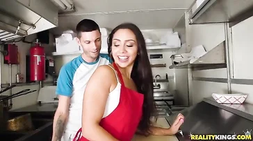 He fucks the hot dog seller in the caravan