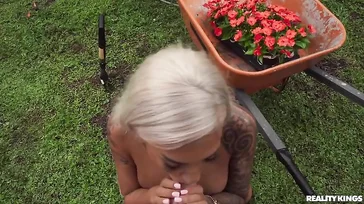 The gardener is very clumsy, she confuses the hoe with the cock