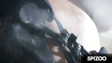 The black guy fucks her so hard that he ends up cumming inside her.
